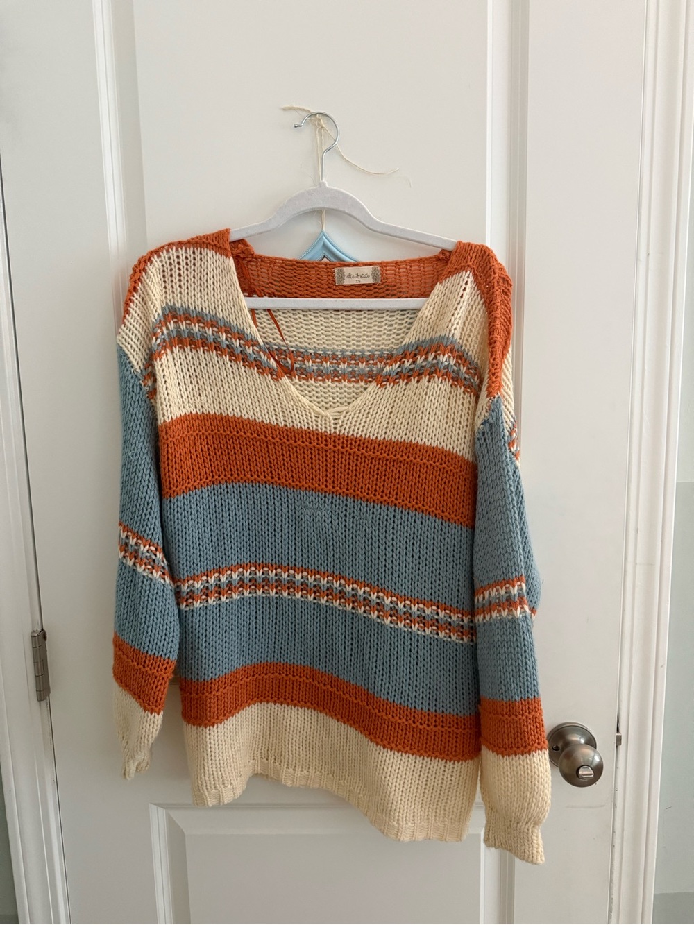 Altar'd State Striped V-Neck Sweater in Blue, Cream & Orange